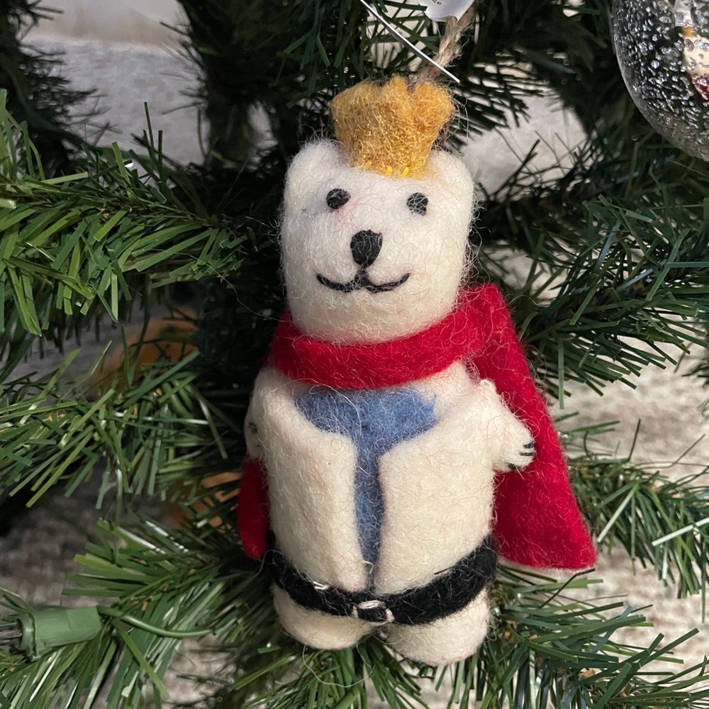 New with tags Pottery Barn Festive Polar Bear Ornament with Red and Gold Accents
